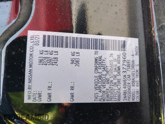 2025 Nissan Altima SV with VIN 1N4BL4DV6SN377960, listed as a IAAI auction lot 42174214 with 4,226 mi miles and . Bid and sale history available at DreamBid. Image 9.