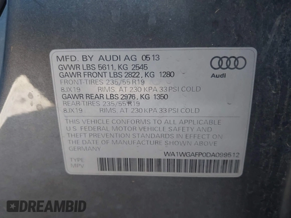 2013 Audi Q5 Prestige с VIN WA1WGAFP0DA099512, выставлен на аукционе IAAI как лот 42394625 с пробегом 139 005 миль миль и . История ставок и продаж доступна на DreamBid. Изображение 9.