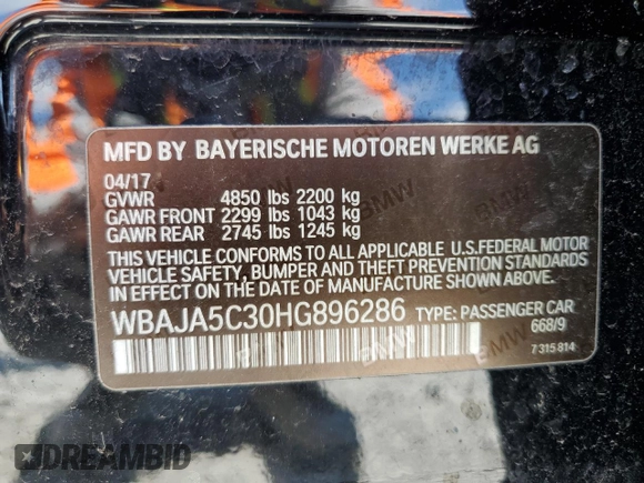 2017 BMW 5 Series 530i с VIN WBAJA5C30HG896286, выставлен на аукционе Copart как лот 56382605 с пробегом 101 808 миль миль и Чистый • Clean title. История ставок и продаж доступна на DreamBid. Изображение 12.