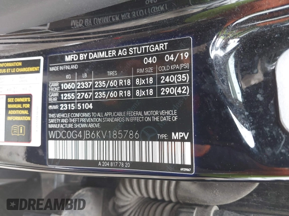 2019 Mercedes-Benz GLC 300 with VIN WDC0G4JB6KV185786, listed as a IAAI auction lot 42472450 with 86,561 mi miles and . Bid and sale history available at DreamBid. Image 9.