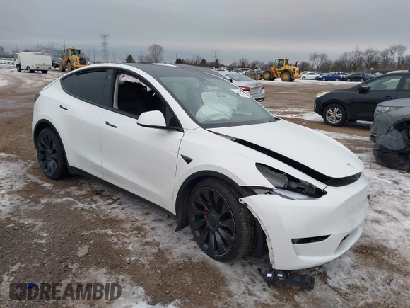 2021 Tesla Model Y Performance with VIN 5YJYGDEF6MF261711, listed as a IAAI auction lot 41176208 with 25,687 mi miles and . Bid and sale history available at DreamBid. Image 1.