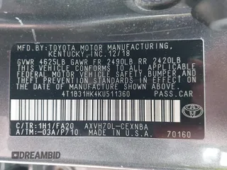 2019 Toyota Camry Hybrid LE z VIN 4T1B31HK4KU511360, wystawiony jako IAAI lot #42298260 z przebiegiem 133 019 mil mil oraz . Historia ofert i sprzedaży dostępna na DreamBid. Obrazek 9.