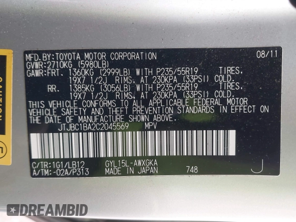 2012 Lexus RX 450h with VIN JTJBC1BA2C2045569, listed as a IAAI auction lot 41655730 with 78,319 mi miles and . Bid and sale history available at DreamBid. Image 9.