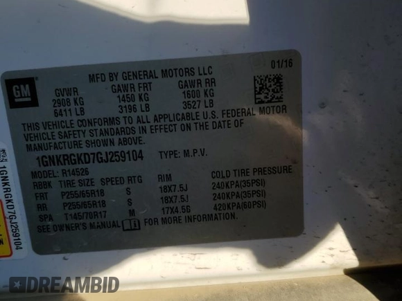 2016 Chevrolet Traverse LT with VIN 1GNKRGKD7GJ259104, listed as a Copart auction lot 87416754 with Not Provided miles and Clean Title. Bid and sale history available at carsss.com. Image 13.