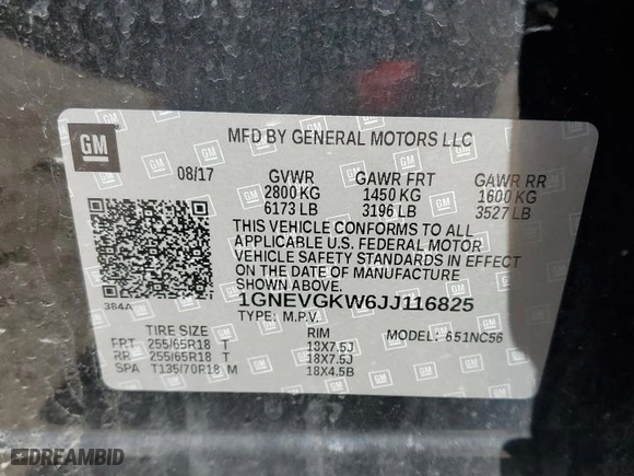 2018 Chevrolet Traverse LT Cloth with VIN 1GNEVGKW6JJ116825, listed as a Copart auction lot 51906875 with 122,022 mi miles and Salvage Title. Bid and sale history available at carsss.com. Image 13.