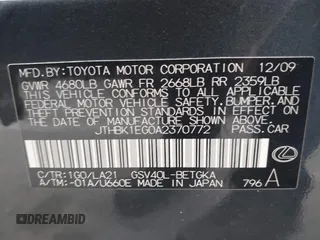 2010 Lexus ES with VIN JTHBK1EG0A2370772, listed as a IAAI auction lot 42030857 with 204,313 mi miles. Bid and sale history available at carsss.com. Image 9.