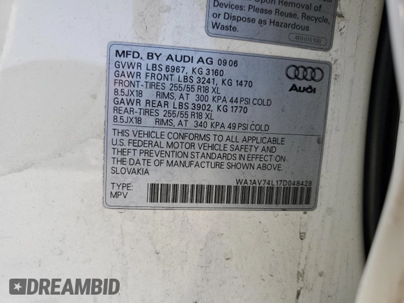 2007 Audi Q7 with VIN WA1AV74L17D048428, listed as a Copart auction lot 59778555 with Not provided miles and Salvage title. Bid and sale history available at DreamBid. Image 13.