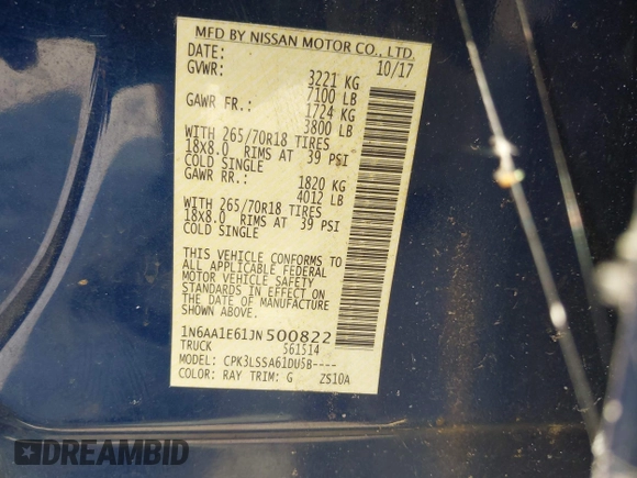 2018 Nissan Titan SV z VIN 1N6AA1E61JN500822, wystawiony jako IAAI lot #42339293 z przebiegiem 152 573 mil mil oraz . Historia ofert i sprzedaży dostępna na DreamBid. Obrazek 9.