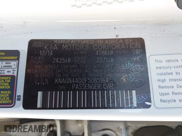 2015 Kia Optima Hybrid EX with VIN KNAGN4AD0F5085164, listed as a IAAI auction lot 41940584 with 129,841 mi miles. Bid and sale history available at carsss.com. Image 9.