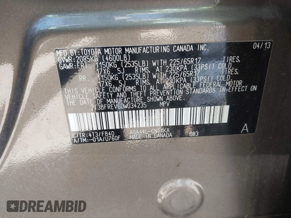 2013 Toyota RAV4 LE with VIN 2T3BFREV6DW034235, listed as a IAAI auction lot 42472247 with 80,500 mi miles and . Bid and sale history available at DreamBid. Image 9.