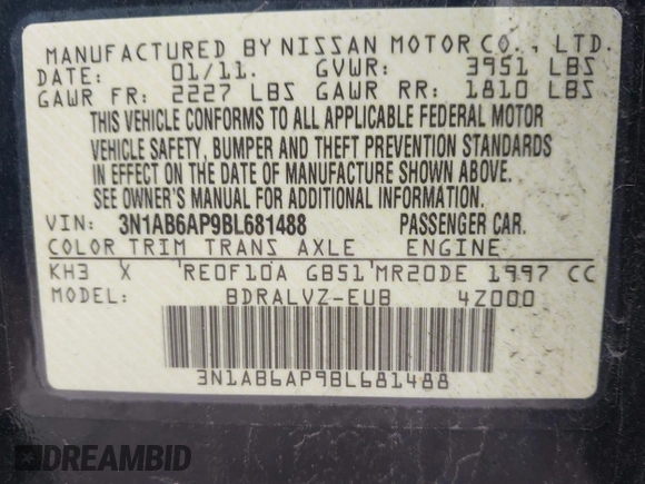 2011 Nissan Sentra 2.0 with VIN 3N1AB6AP9BL681488, listed as a IAAI auction lot 42825850 with 441,410 mi miles and . Bid and sale history available at DreamBid. Image 9.