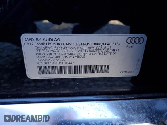 2013 Audi A8 4.0L with VIN WAUR2AFD4DN010442, listed as a Copart auction lot 47220315 with 154,058 mi miles and Clean title. Bid and sale history available at DreamBid. Image 12.
