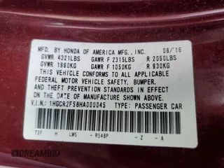 2017 Honda Accord Sedan Sport with VIN 1HGCR2F58HA000045, listed as a Copart auction lot 53127455 with 109,976 mi miles and Salvage Title. Bid and sale history available at carsss.com. Image 12.