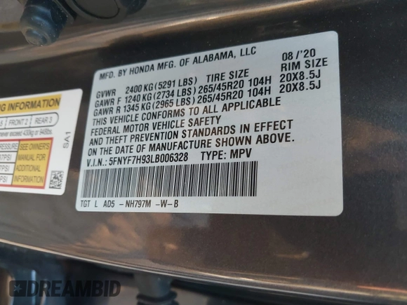 2020 Honda Passport Touring with VIN 5FNYF7H93LB006328, listed as a IAAI auction lot 41283115 with Not Provided miles and . Bid and sale history available at DreamBid. Image 9.