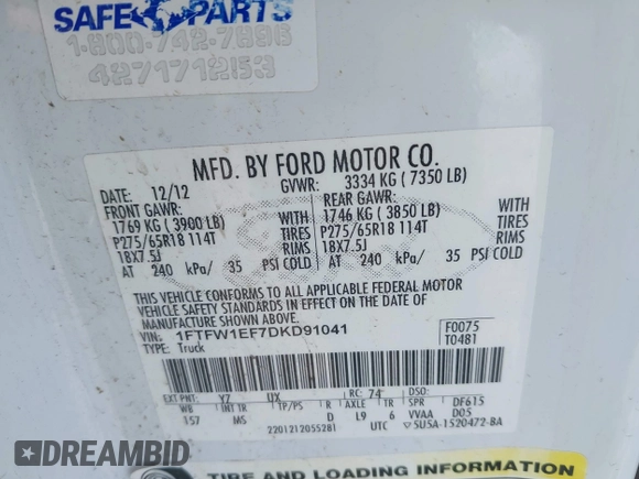 2013 Ford F-150 XL with VIN 1FTFW1EF7DKD91041, listed as a IAAI auction lot 41648747 with 170,052 mi miles. Bid and sale history available at carsss.com. Image 9.