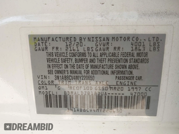 2021 Nissan Sentra SV with VIN 3N1AB8CV4MY220650, listed as a IAAI auction lot 41383290 with 87,547 mi miles and . Bid and sale history available at DreamBid. Image 9.