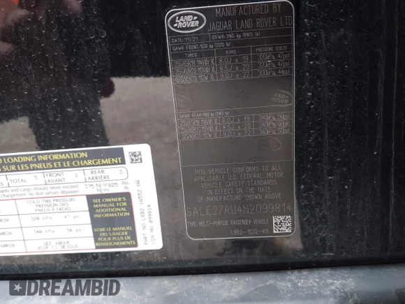 2022 Land Rover Defender X-Dynamic SE with VIN SALE27RU4N2099814, listed as a IAAI auction lot 41951353 with 54,606 mi miles and . Bid and sale history available at DreamBid. Image 9.