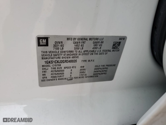 2016 GMC Yukon Denali with VIN 1GKS1CKJ2GR348826, listed as a Copart auction lot 42986055 with 0 mi miles and Salvage Title. Bid and sale history available at carsss.com. Image 14.