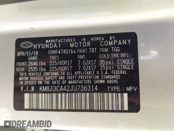 2018 Hyundai Tucson SEL with VIN KM8J3CA42JU736314, listed as a IAAI auction lot 40104931 with 68,677 mi miles and . Bid and sale history available at DreamBid. Image 9.