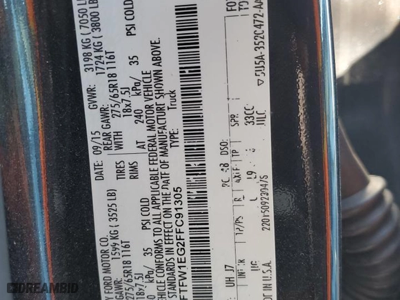 2015 Ford F-150 XLT w/HD Payload Pkg with VIN 1FTFW1EG2FFC91305, listed as a Copart auction lot 73272754 with 0 mi miles and Salvage Title. Bid and sale history available at carsss.com. Image 12.