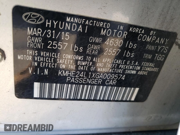 2016 Hyundai Sonata Hybrid SE with VIN KMHE24L1XGA009574, listed as a Copart auction lot 63392512 with 213,244 mi miles. Bid and sale history available at carsss.com. Image 10.