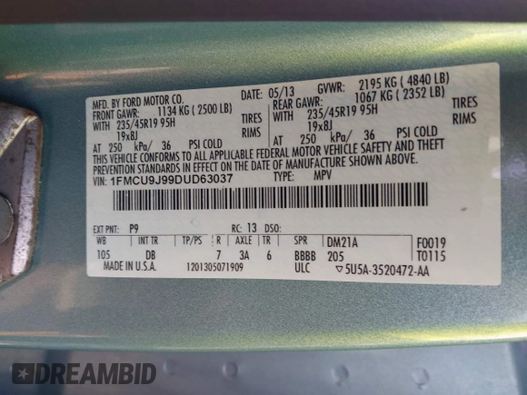 2013 Ford Escape Titanium with VIN 1FMCU9J99DUD63037, listed as a IAAI auction lot 42436605 with 168,200 mi miles and . Bid and sale history available at DreamBid. Image 9.