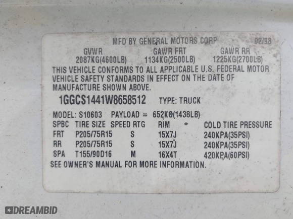 1998 Isuzu Hombre S with VIN 1GGCS1441W8658512, listed as a IAAI auction lot 41607038 with 331,902 mi miles. Bid and sale history available at carsss.com. Image 9.