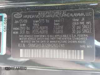 2009 Hyundai Santa Fe SE с VIN 5NMSH13E09H265741, выставлен на аукционе IAAI как лот 42521409 с пробегом 219 458 миль миль и . История ставок и продаж доступна на DreamBid. Изображение 9.