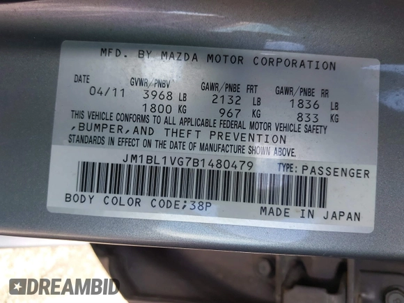 2011 Mazda 3 i Touring with VIN JM1BL1VG7B1480479, listed as a IAAI auction lot 41902041 with 59,905 mi miles and . Bid and sale history available at DreamBid. Image 9.