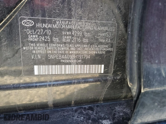 2011 Hyundai Sonata GLS with VIN 5NPEB4AC9BH191794, listed as a Copart auction lot 56242915 with 118,956 mi miles and Clean Title. Bid and sale history available at DreamBid. Image 12.