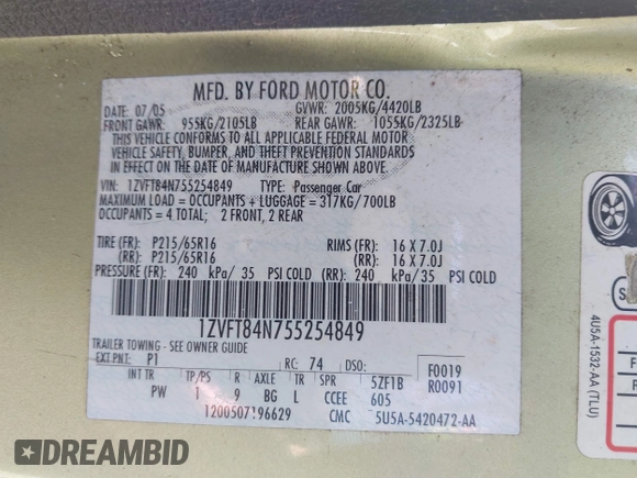 2005 Ford Mustang Deluxe with VIN 1ZVFT84N755254849, listed as a IAAI auction lot 42544077 with 276,391 mi miles and . Bid and sale history available at DreamBid. Image 9.