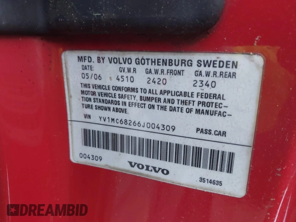 2006 Volvo C70 with VIN YV1MC68266J004309, listed as a IAAI auction lot 41156587 with 48,258 mi miles. Bid and sale history available at carsss.com. Image 9.