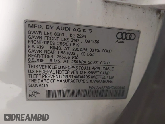 2017 Audi Q7 Premium with VIN WA1AAAF79HD033640, listed as a IAAI auction lot 40968863 with 111,260 mi miles and . Bid and sale history available at DreamBid. Image 9.