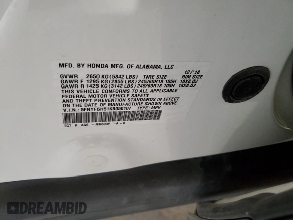 2019 Honda Pilot EX-L with VIN 5FNYF6H51KB050107, listed as a Copart auction lot 60827355 with 71,958 mi miles and Salvage title. Bid and sale history available at DreamBid. Image 13.