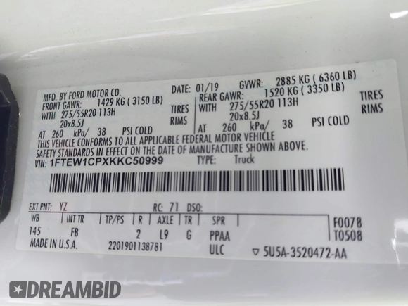 2019 Ford F-150 XL with VIN 1FTEW1CPXKKC50999, listed as a IAAI auction lot 41862139 with 61,375 mi miles and . Bid and sale history available at DreamBid. Image 9.