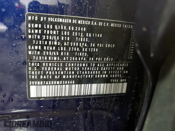 2024 Volkswagen Tiguan SE с VIN 3VVNB7AX8RM038446, выставлен на аукционе Copart как лот 58329315 с пробегом 18 510 миль миль и Списание • Salvage title. История ставок и продаж доступна на DreamBid. Изображение 13.