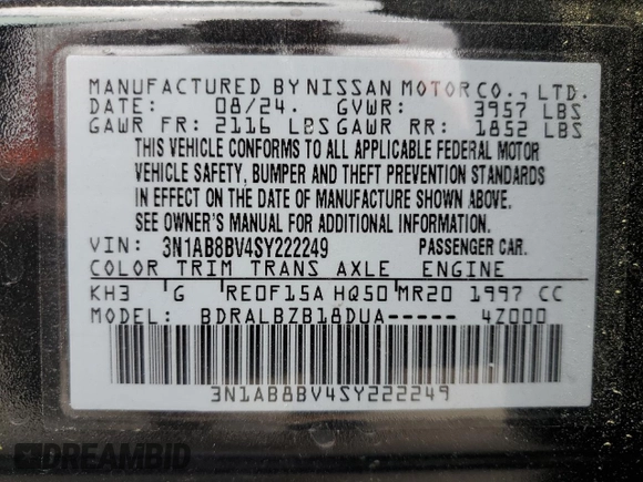 2025 Nissan Sentra S z VIN 3N1AB8BV4SY222249, wystawiony jako Copart lot #51528465 z przebiegiem 10 066 mil mil oraz Szkoda całkowita • Salvage title. Historia ofert i sprzedaży dostępna na DreamBid. Obrazek 14.