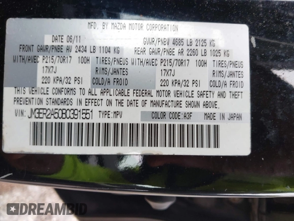 2011 Mazda CX-7 i SV z VIN JM3ER2A50B0391551, wystawiony jako IAAI lot #42417510 z przebiegiem 126 634 mil mil oraz . Historia ofert i sprzedaży dostępna na DreamBid. Obrazek 9.