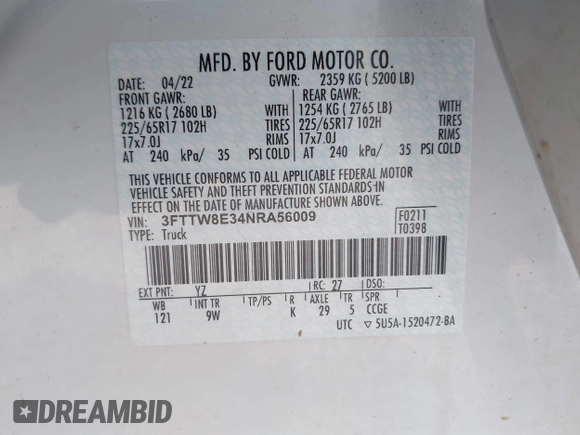 2022 Ford Maverick XL with VIN 3FTTW8E34NRA56009, listed as a IAAI auction lot 41693546 with Not Provided miles and . Bid and sale history available at DreamBid. Image 9.