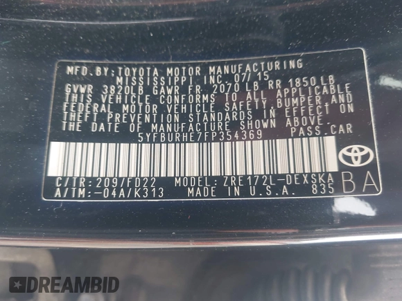 2015 Toyota Corolla L с VIN 5YFBURHE7FP354369, выставлен на аукционе IAAI как лот 42274190 с пробегом 188 690 миль миль и . История ставок и продаж доступна на DreamBid. Изображение 9.