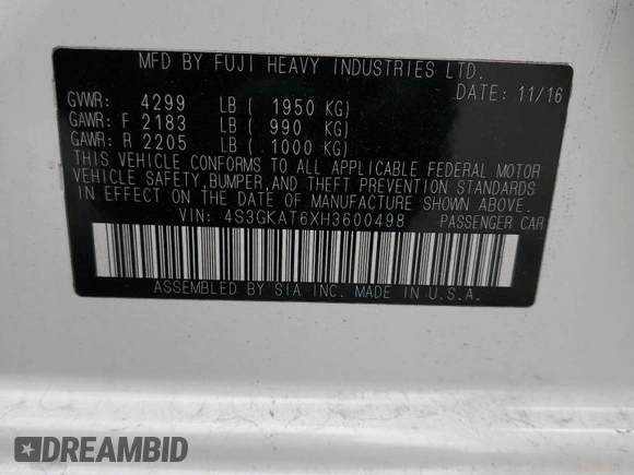 2017 Subaru Impreza Limited with VIN 4S3GKAT6XH3600498, listed as a Copart auction lot 51972775 with 91,552 mi miles and Salvage title. Bid and sale history available at DreamBid. Image 13.