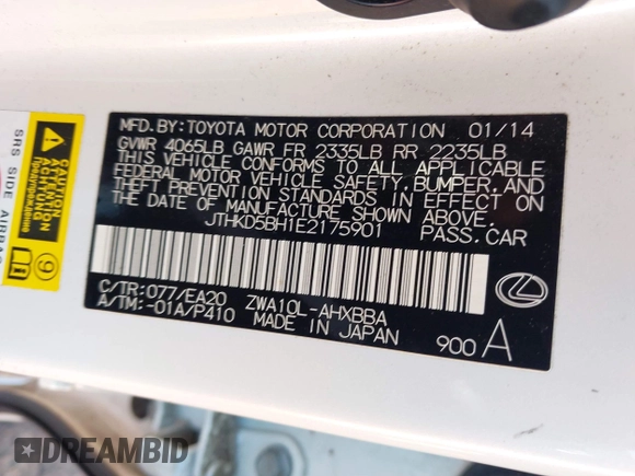 2014 Lexus CT 200h with VIN JTHKD5BH1E2175901, listed as a IAAI auction lot 42238546 with 157,577 mi miles and . Bid and sale history available at DreamBid. Image 9.
