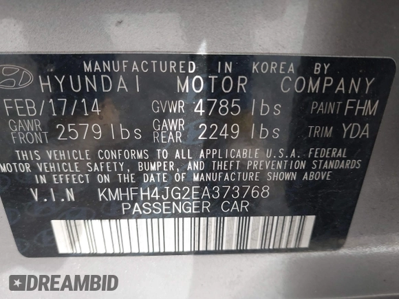2014 Hyundai Azera Limited with VIN KMHFH4JG2EA373768, listed as a IAAI auction lot 41711780 with 43,447 mi miles and . Bid and sale history available at carsss.com. Image 9.