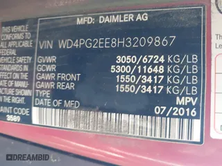 2017 Mercedes-Benz Metris Passenger Van with VIN WD4PG2EE8H3209867, listed as a IAAI auction lot 41857669 with 283,565 mi miles. Bid and sale history available at carsss.com. Image 9.