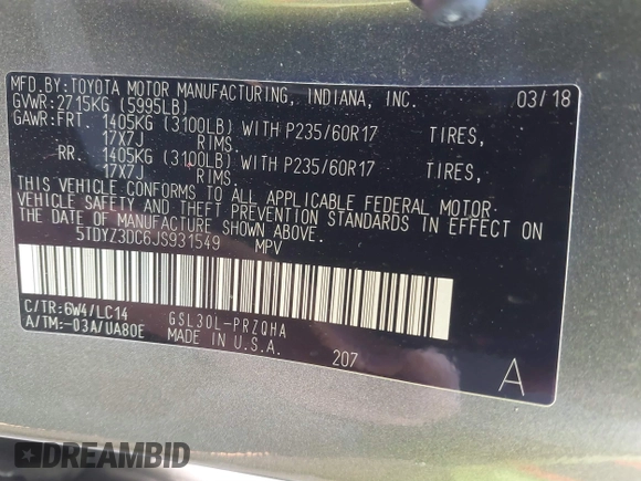 2018 Toyota Sienna XLE Auto Access Seat with VIN 5TDYZ3DC6JS931549, listed as a IAAI auction lot 41792676 with 115,673 mi miles. Bid and sale history available at carsss.com. Image 9.