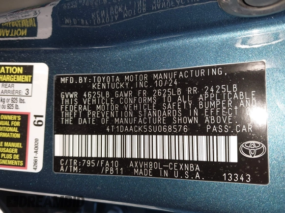 2025 Toyota Camry LE with VIN 4T1DAACK5SU068576, listed as a IAAI auction lot 41746222 with 3,674 mi miles and . Bid and sale history available at DreamBid. Image 9.