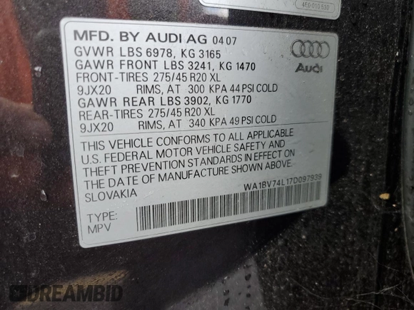 2007 Audi Q7 Premium with VIN WA1BV74L17D097939, listed as a Copart auction lot 45334465 with 145,898 mi miles and Clean Title. Bid and sale history available at carsss.com. Image 14.