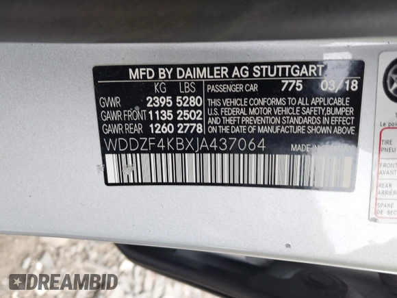 2018 Mercedes-Benz E with VIN WDDZF4KBXJA437064, listed as a IAAI auction lot 41902236 with 47,657 mi miles. Bid and sale history available at carsss.com. Image 9.