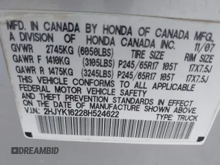 2008 Honda Ridgeline RT with VIN 2HJYK16228H524622, listed as a IAAI auction lot 42445595 with 209,649 mi miles and . Bid and sale history available at DreamBid. Image 9.