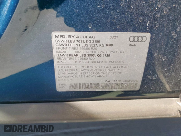 2021 Audi e-tron Premium Plus with VIN WA1LAAGE5MB030598, listed as a Copart auction lot 50411695 with 31,819 mi miles and Salvage title. Bid and sale history available at DreamBid. Image 14.